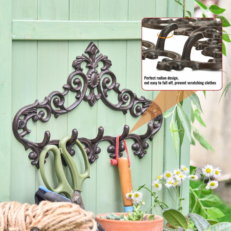 Sungmor Cast Iron Rustic Coat Hook Hanger with 5 Hooks - Practical Iron Storage Organizer/Wall Hooks Hanging Rack - Pretty Pattern Charming Wall Decor for Keys Clothes Hats - Image 4